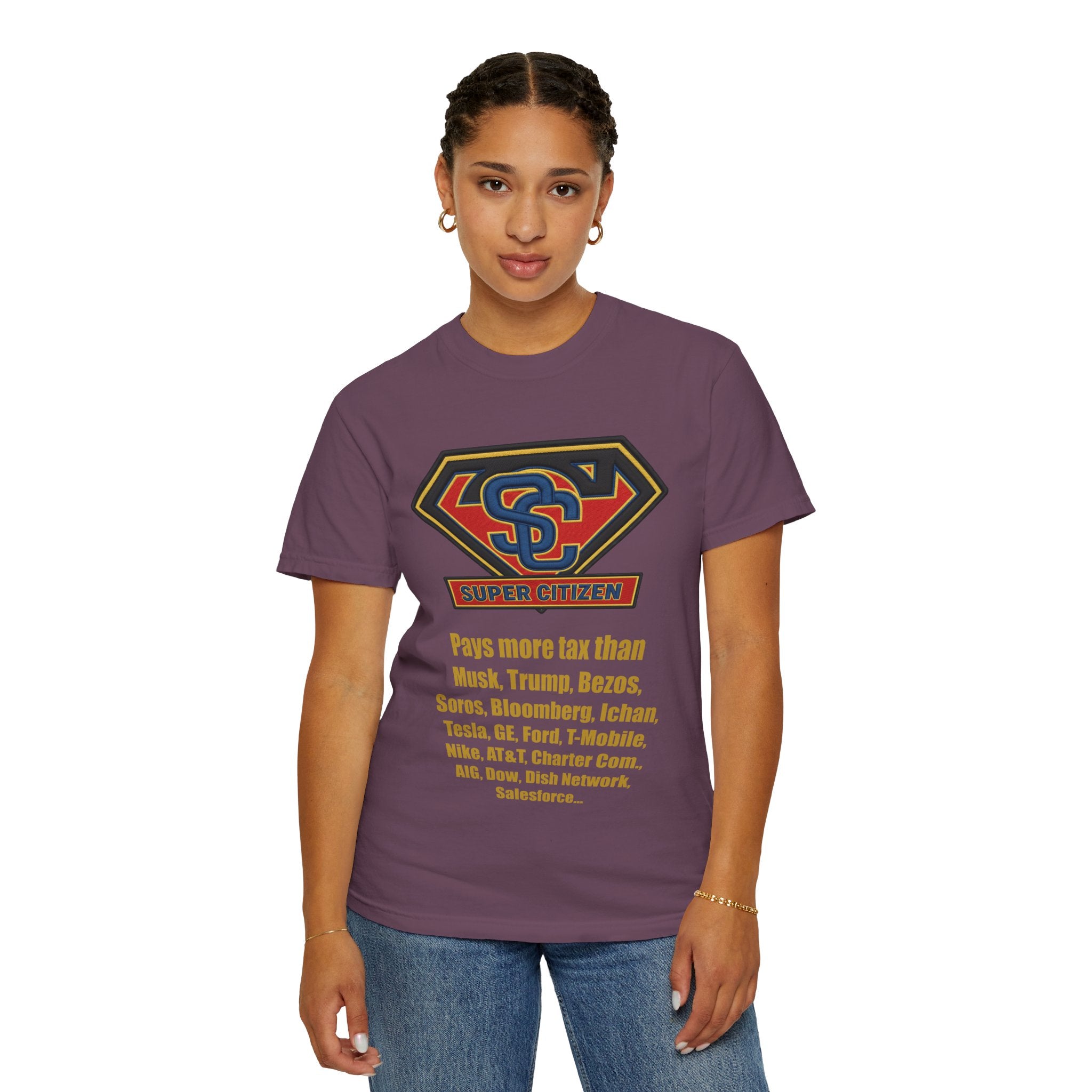 Super Citizen Graphic T-Shirt — "Pays More Tax Than" Protest Tee (Yellow Text) - A protest tee for everyday people. Regular citizens pay more taxes than wealthy ones. Wear it to show your frustration...