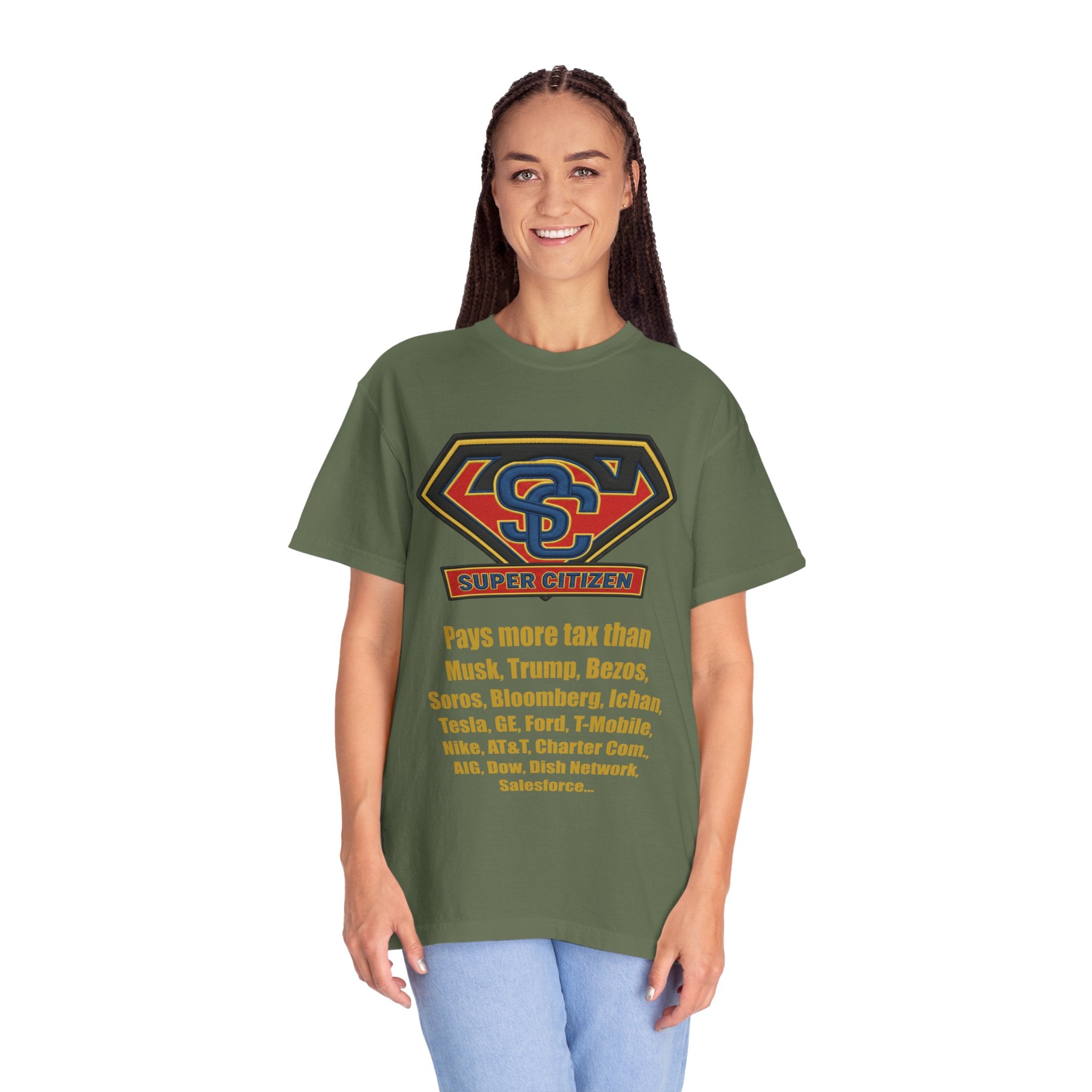 Super Citizen Graphic T-Shirt — "Pays More Tax Than" Protest Tee (Yellow Text) - A protest tee for everyday people. Regular citizens pay more taxes than wealthy ones. Wear it to show your frustration...