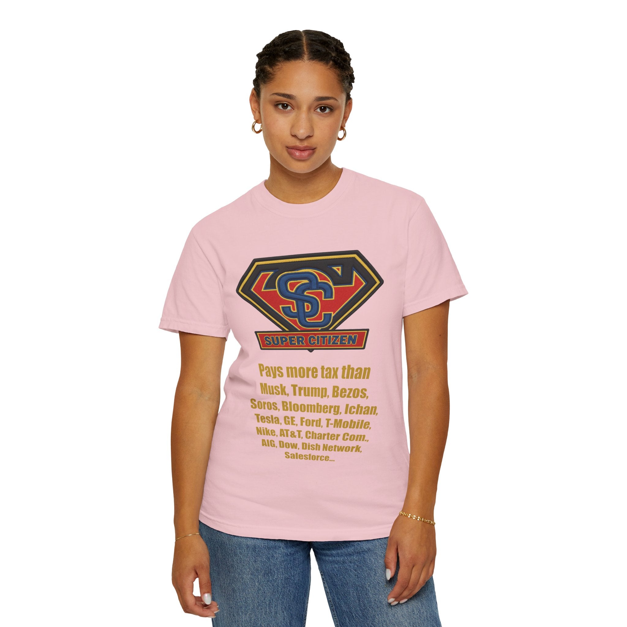 Super Citizen Graphic T-Shirt — "Pays More Tax Than" Protest Tee (Yellow Text) - A protest tee for everyday people. Regular citizens pay more taxes than wealthy ones. Wear it to show your frustration...