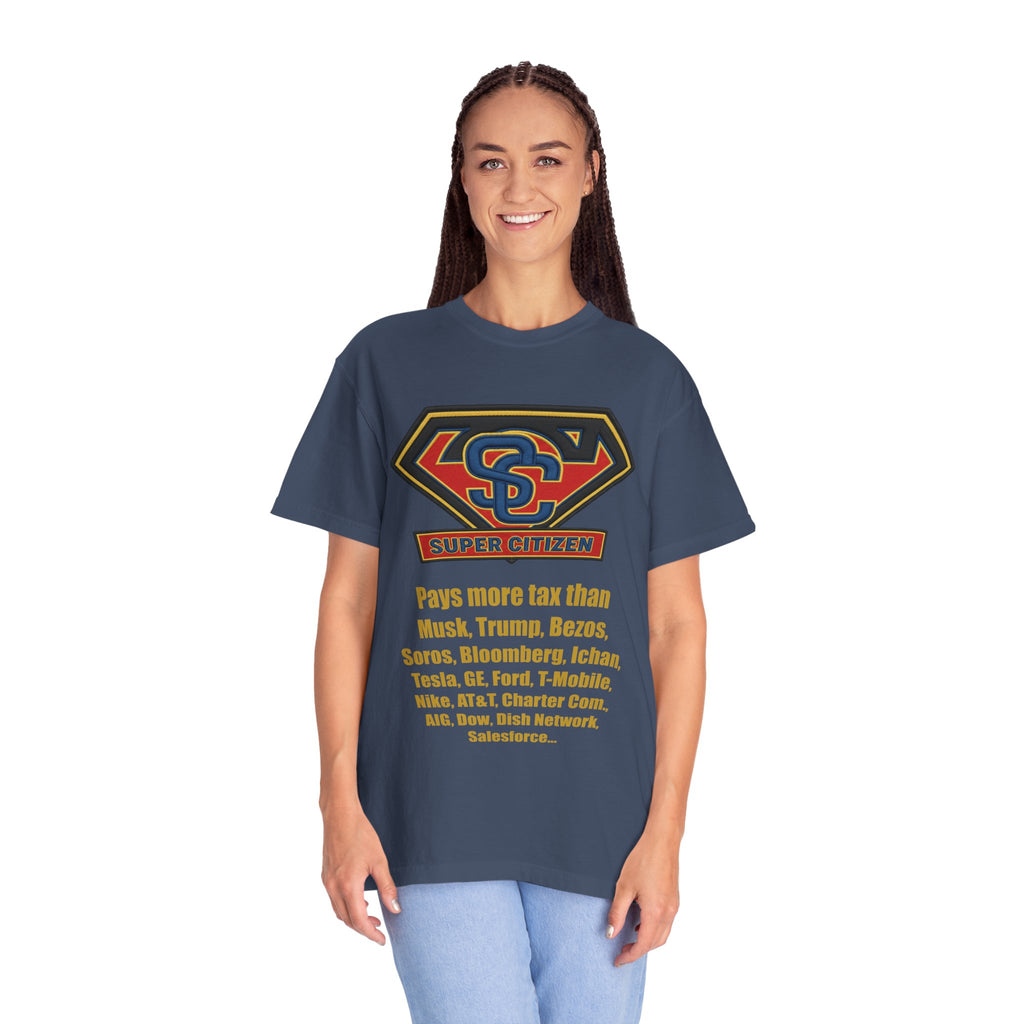Super Citizen Graphic T-Shirt — "Pays More Tax Than" Protest Tee (Yellow Text) - A protest tee for everyday people. Regular citizens pay more taxes than wealthy ones. Wear it to show your frustration...