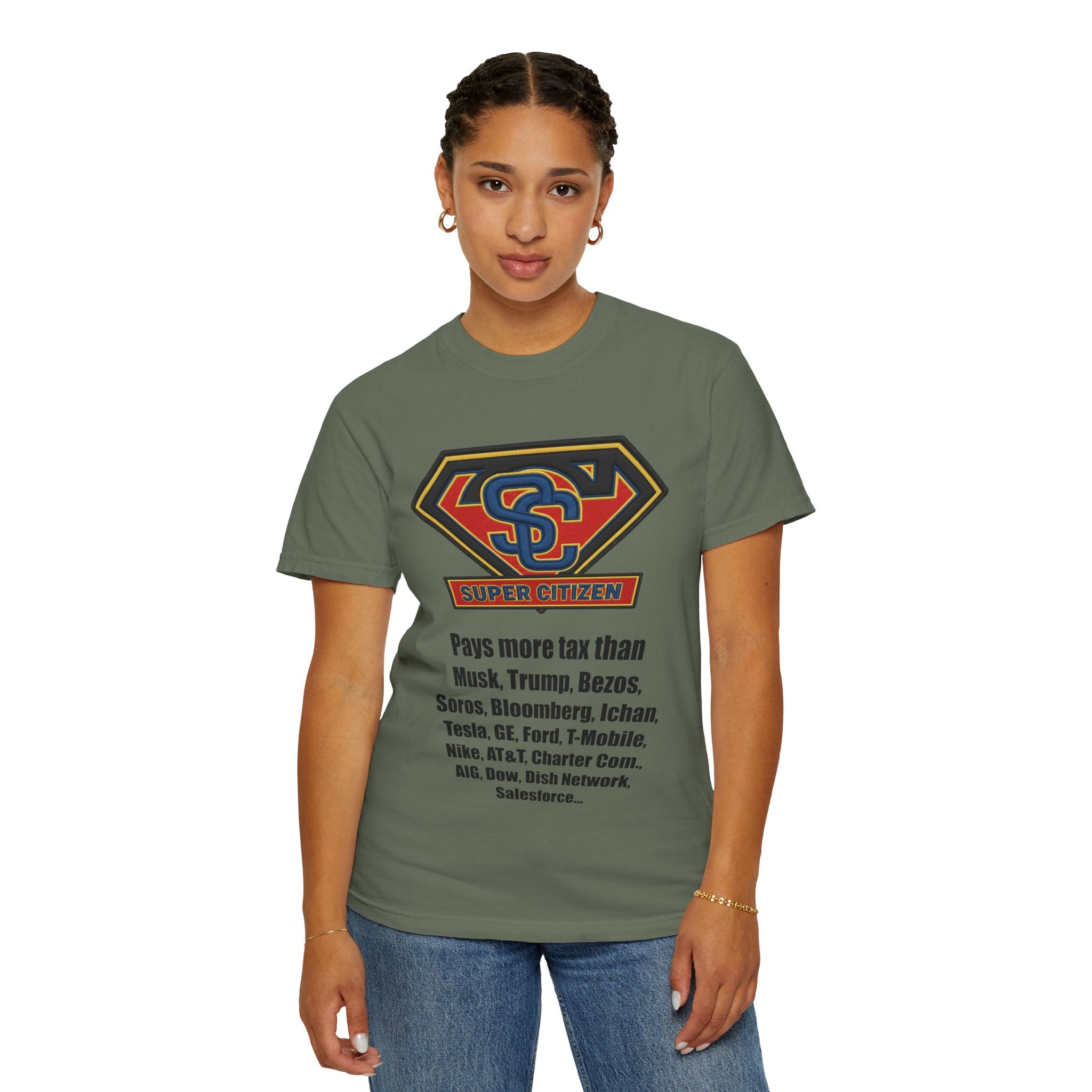 Super Citizen - Printed both sides — "Tax, Tax, Tax" Protest Tee (Black Text) - A protest tee for everyday people. Regular citizens pay so many and more taxes than wealthy ones. Wear it to show your...