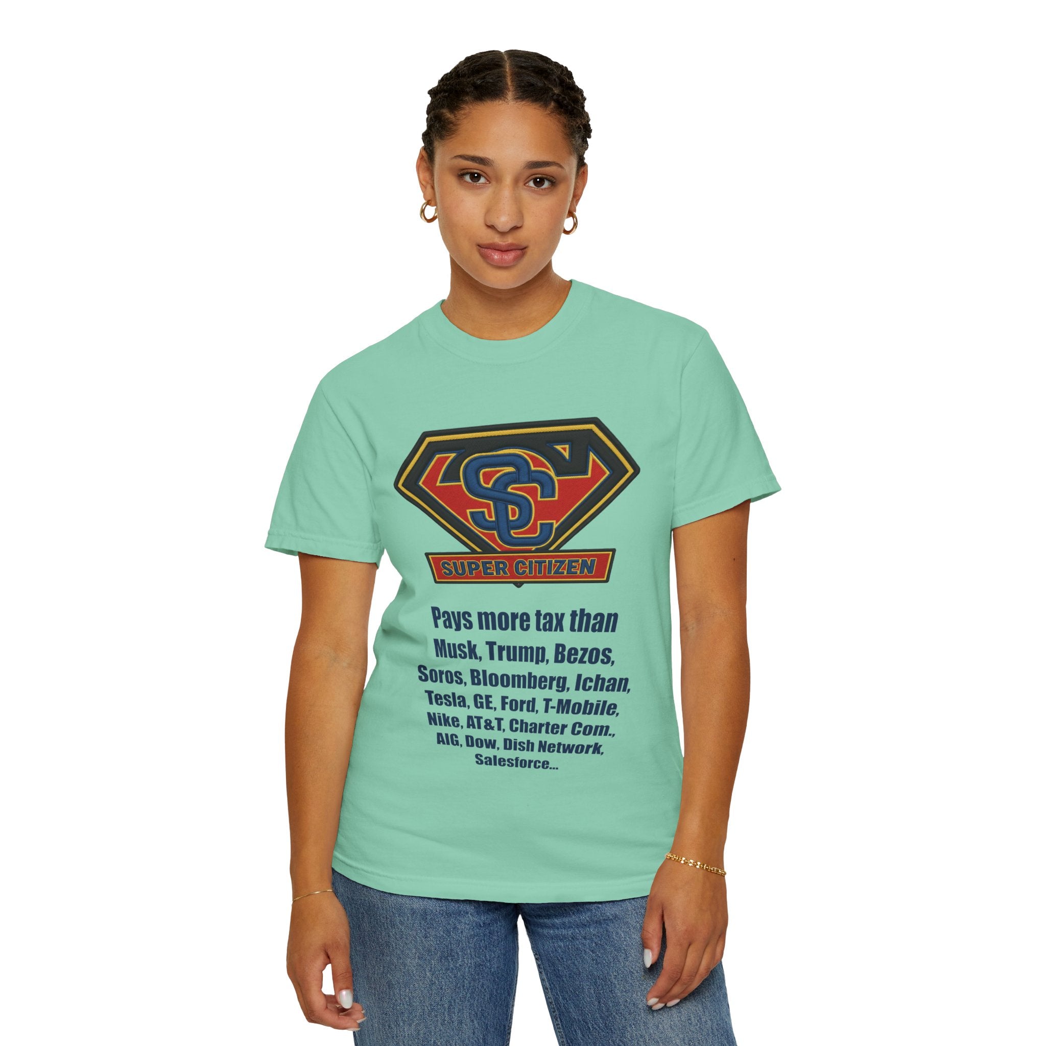 Super Citizen Graphic T-Shirt — "Pays More Tax Than" Protest Tee (Blue Text) -  A protest tee for everyday people. Regular citizens pay more taxes than wealthy ones.  Wear it to show your frustration...