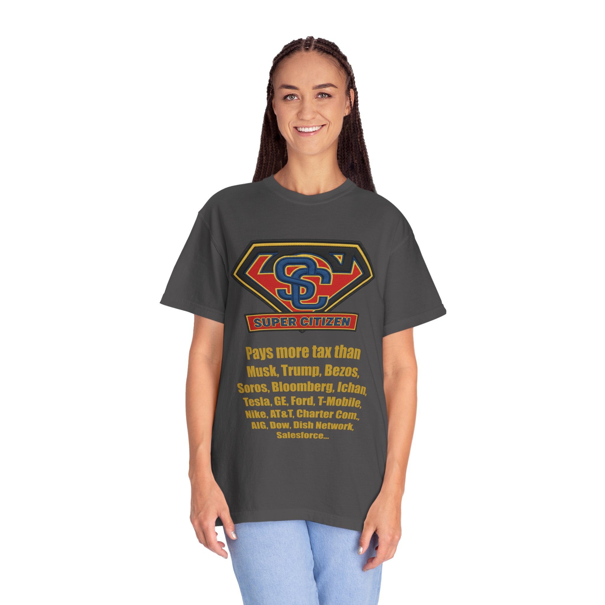 Super Citizen Graphic T-Shirt — "Pays More Tax Than" Protest Tee (Yellow Text) - A protest tee for everyday people. Regular citizens pay more taxes than wealthy ones. Wear it to show your frustration...