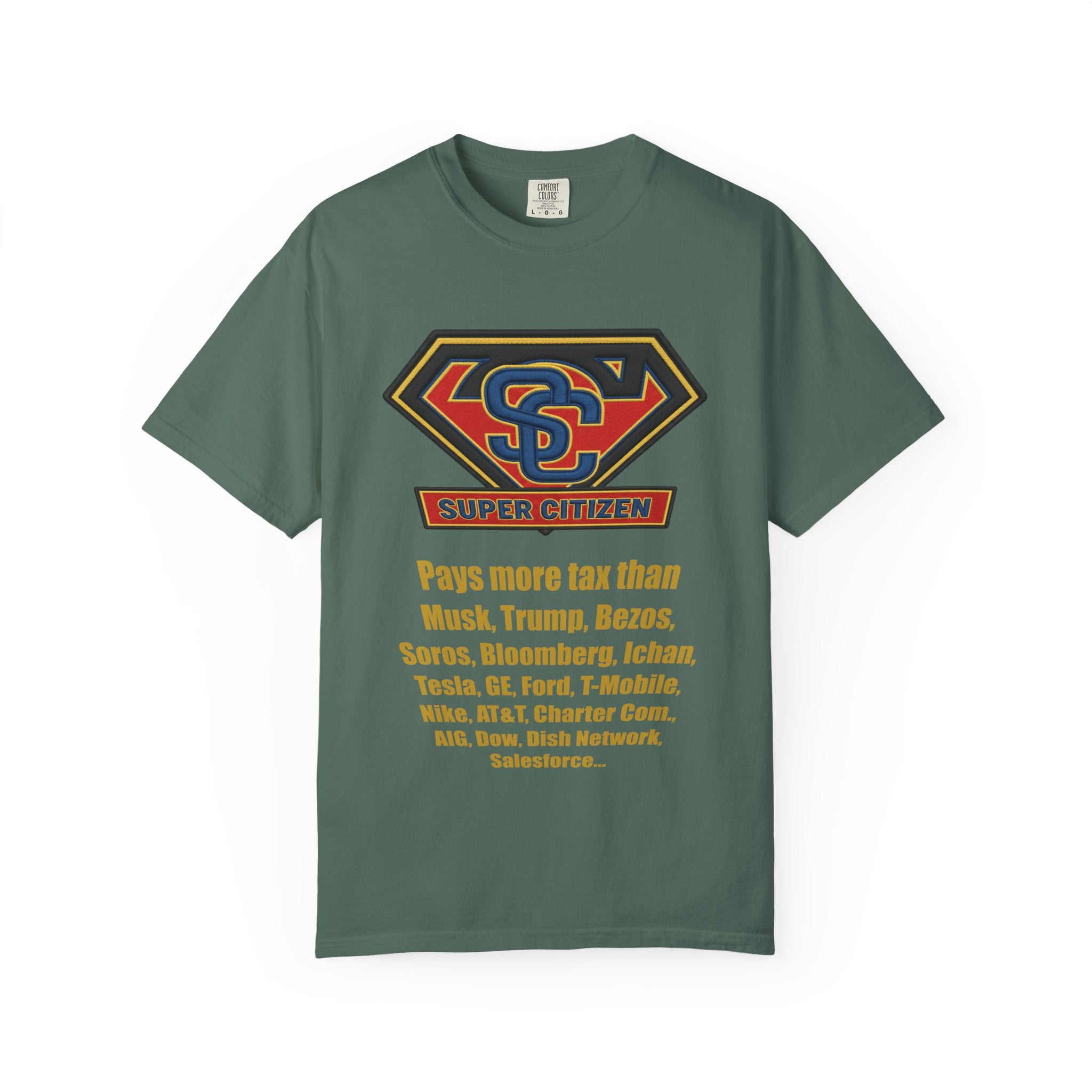 Super Citizen Graphic T-Shirt — "Pays More Tax Than" Protest Tee (Yellow Text) - A protest tee for everyday people. Regular citizens pay more taxes than wealthy ones. Wear it to show your frustration...