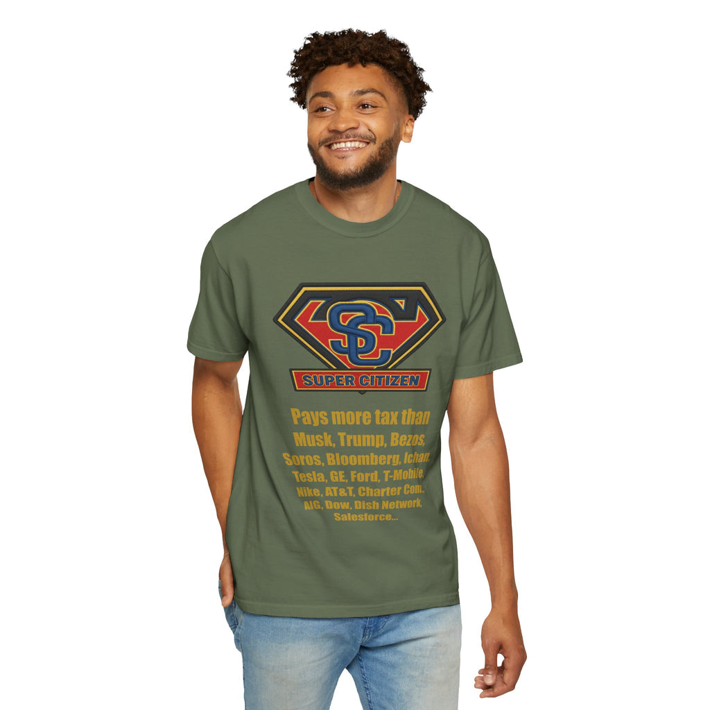 Super Citizen - Printed both sides — "Tax, Tax, Tax" Protest Tee (Yellow Text) - A protest tee for everyday people. Regular citizens pay so many and more taxes than wealthy ones. Wear it to show your...