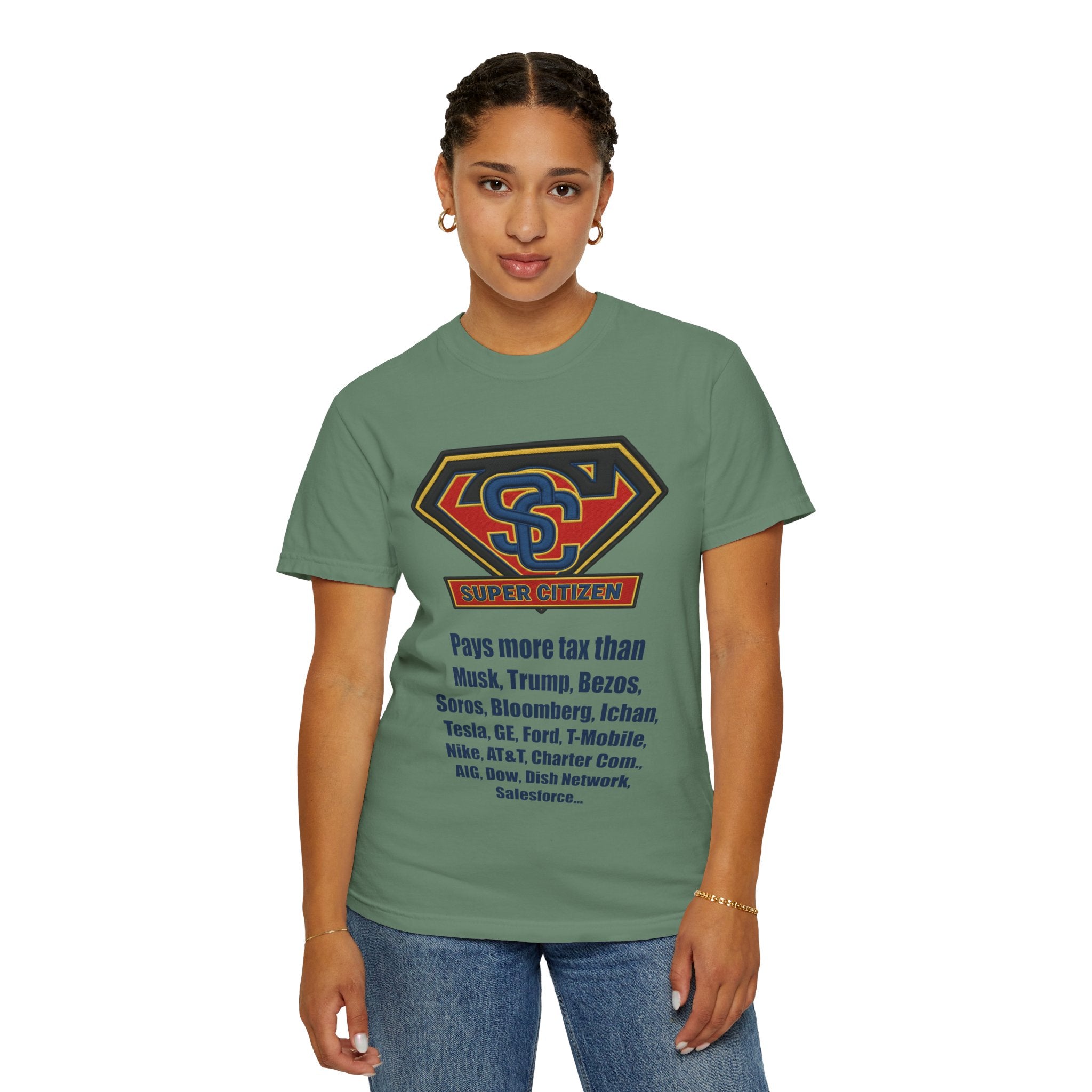 Super Citizen Graphic T-Shirt — "Pays More Tax Than" Protest Tee (Blue Text) -  A protest tee for everyday people. Regular citizens pay more taxes than wealthy ones.  Wear it to show your frustration...