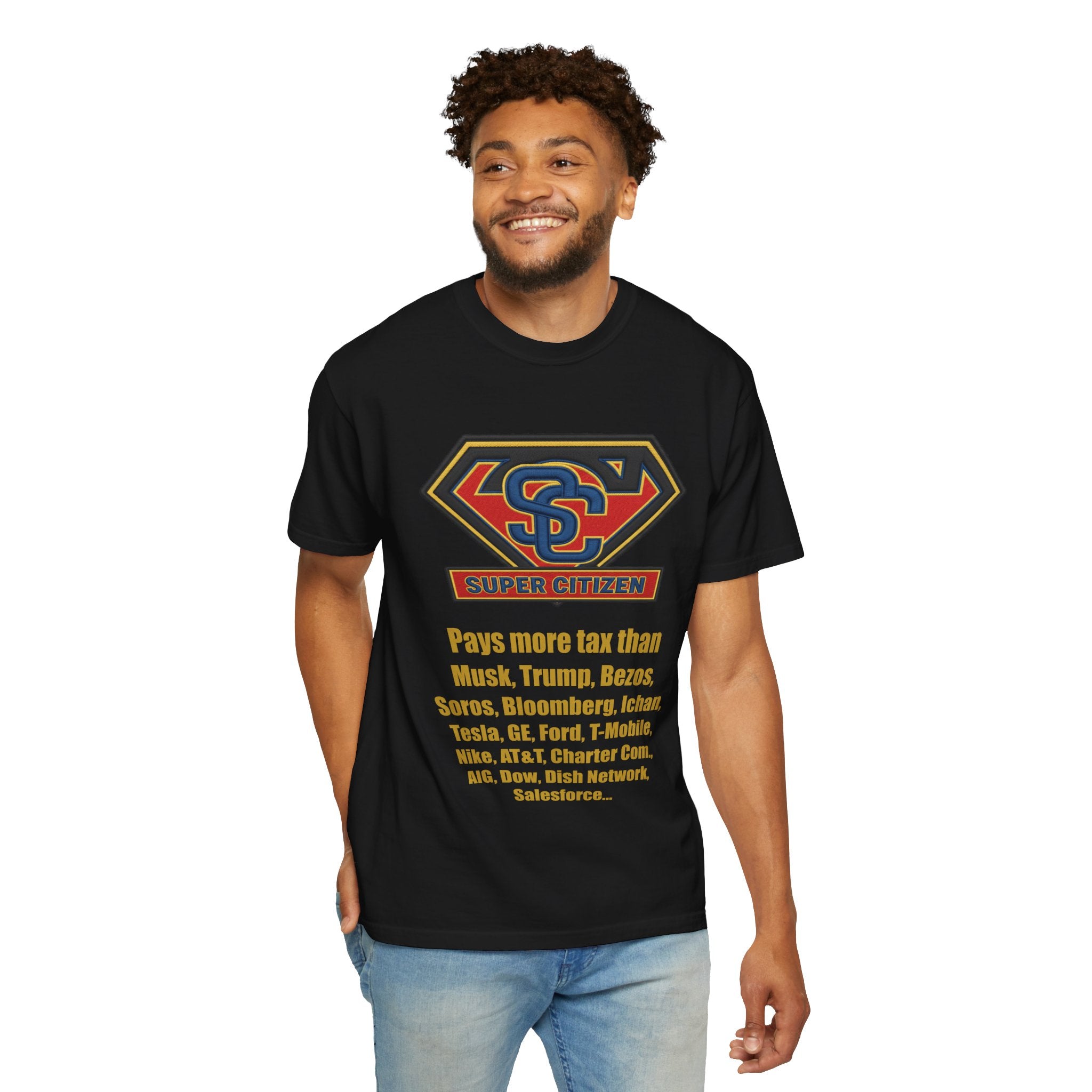 Super Citizen Graphic T-Shirt — "Pays More Tax Than" Protest Tee (Yellow Text) - A protest tee for everyday people. Regular citizens pay more taxes than wealthy ones. Wear it to show your frustration...