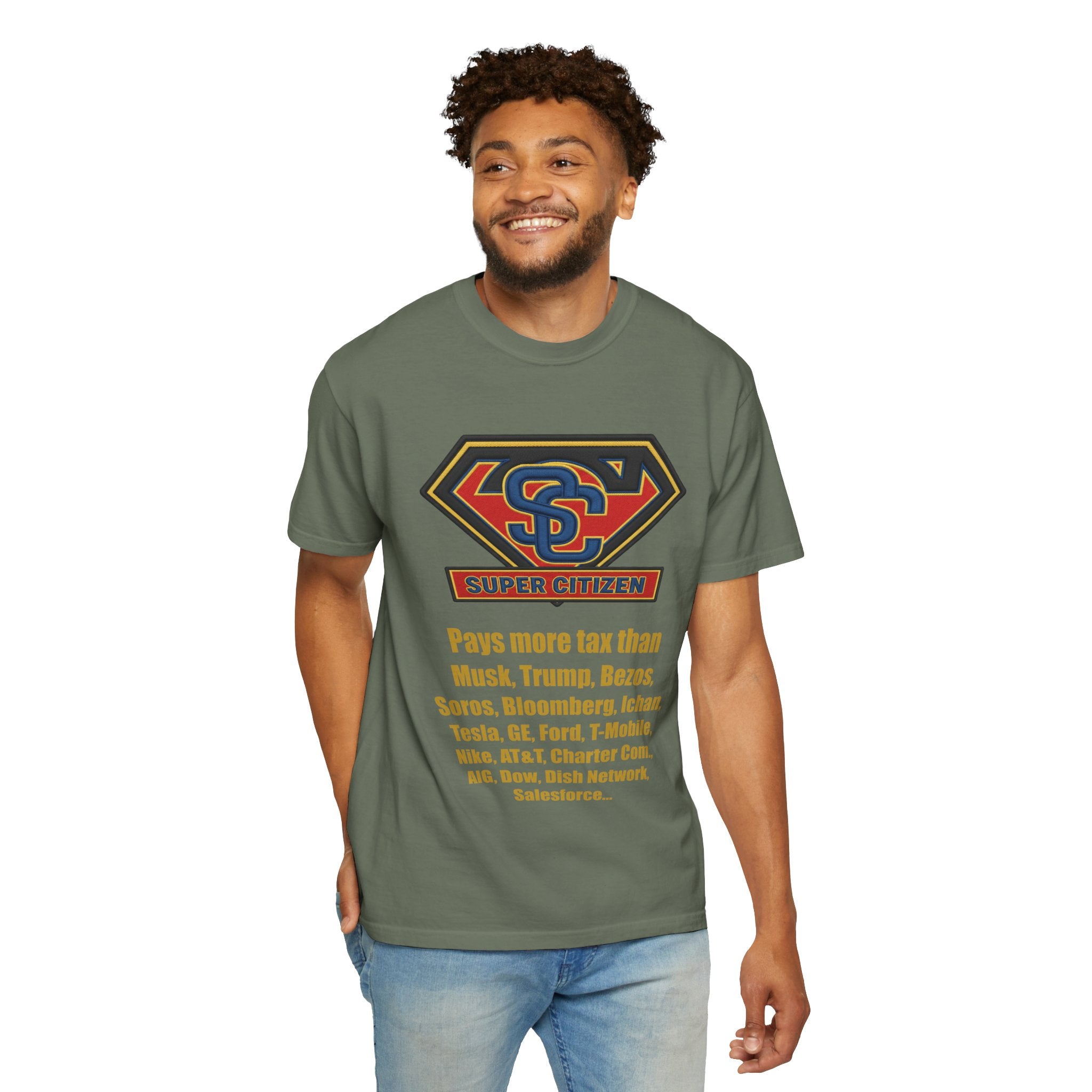 Super Citizen - Printed both sides — "Tax, Tax, Tax" Protest Tee (Yellow Text) - A protest tee for everyday people. Regular citizens pay so many and more taxes than wealthy ones. Wear it to show your...