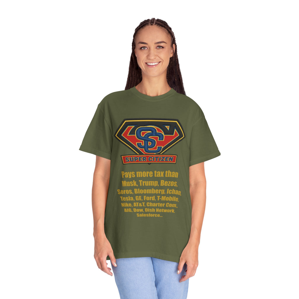 Super Citizen Graphic T-Shirt — "Pays More Tax Than" Protest Tee (Yellow Text) - A protest tee for everyday people. Regular citizens pay more taxes than wealthy ones. Wear it to show your frustration...