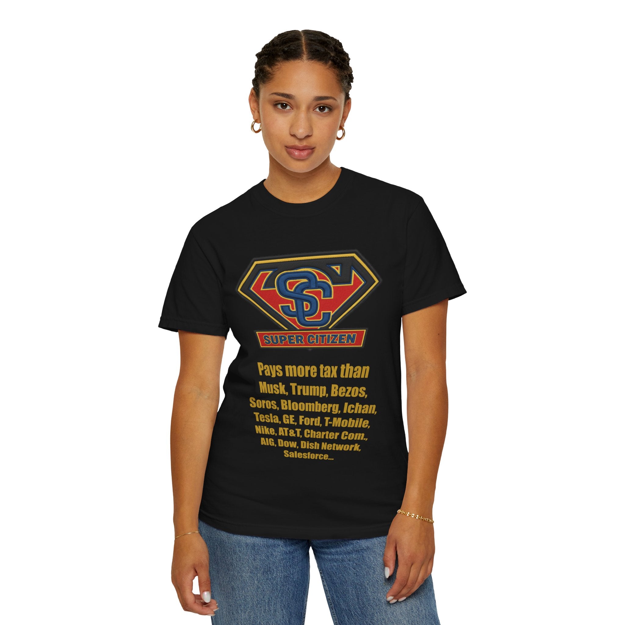 Super Citizen - Printed both sides — "Tax, Tax, Tax" Protest Tee (Yellow Text) - A protest tee for everyday people. Regular citizens pay so many and more taxes than wealthy ones. Wear it to show your...