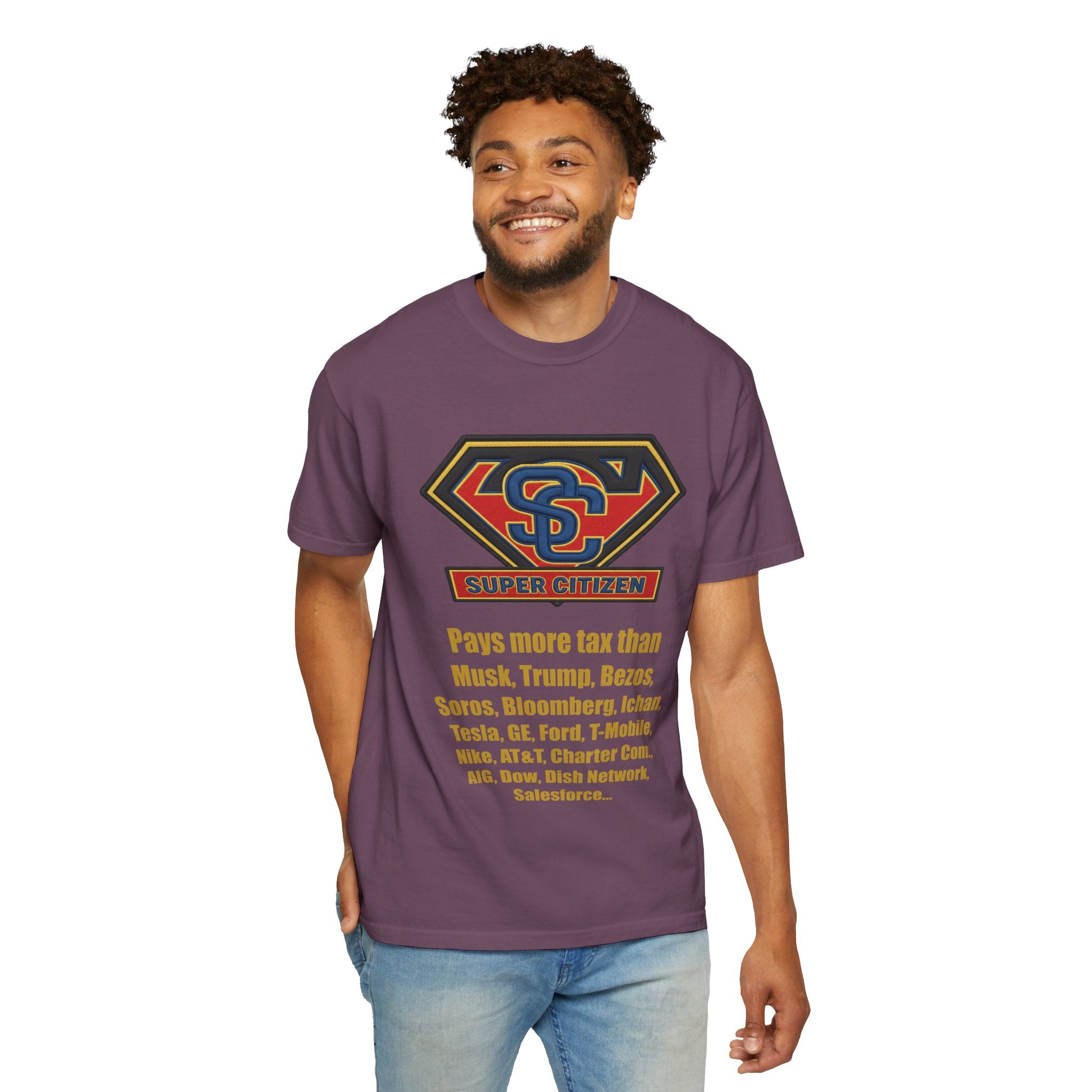 Super Citizen Graphic T-Shirt — "Pays More Tax Than" Protest Tee (Yellow Text) - A protest tee for everyday people. Regular citizens pay more taxes than wealthy ones. Wear it to show your frustration...